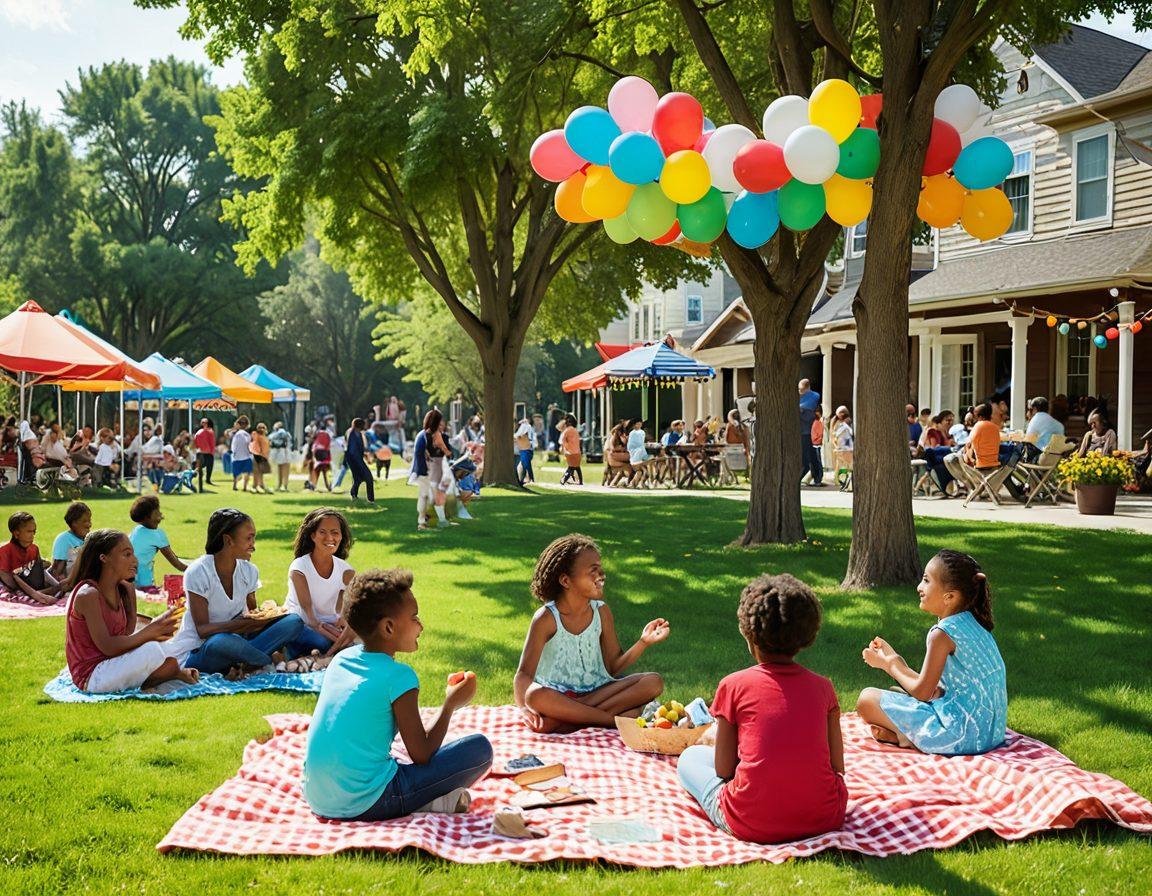 A vibrant neighborhood park scene filled with diverse groups of people enjoying various activities together, such as a community picnic, street performances, and art installations. Include festive decorations, picnic blankets, balloons, and children playing. Showcase a warm, inviting atmosphere that highlights unity and joy among neighbors. soft-focus, summer colors. painting.