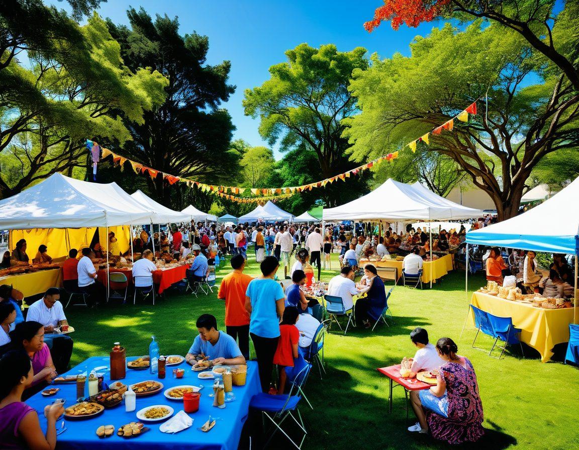 A vibrant community gathering scene showcasing diverse people engaged in various activities like food stalls, live music, and art displays, all set in a lush park under a bright blue sky. Include colorful banners and signs promoting local events, with smiles and laughter radiating among attendees. Capture the spirit of togetherness and creativity in an upbeat atmosphere. super-realistic. vibrant colors.