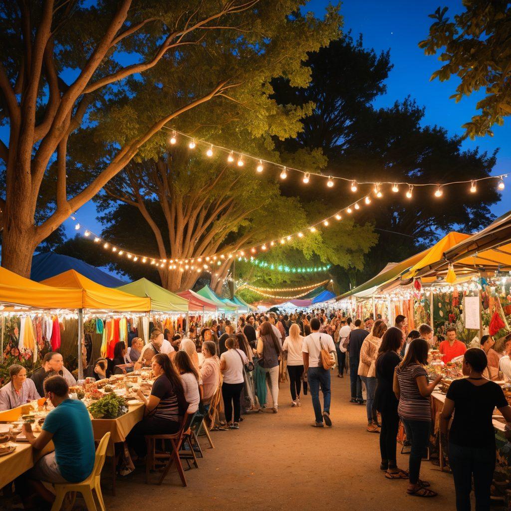 A vibrant community gathering showing diverse people engaging in various activities like sharing food, participating in art creation, and enjoying music outdoors. Colorful decorations adorn the environment, with stalls displaying local crafts and friendly interactions among neighbors. Include a backdrop of a community center and trees adorned with lights, symbolizing warmth and connection. super-realistic. vibrant colors. outdoor setting.